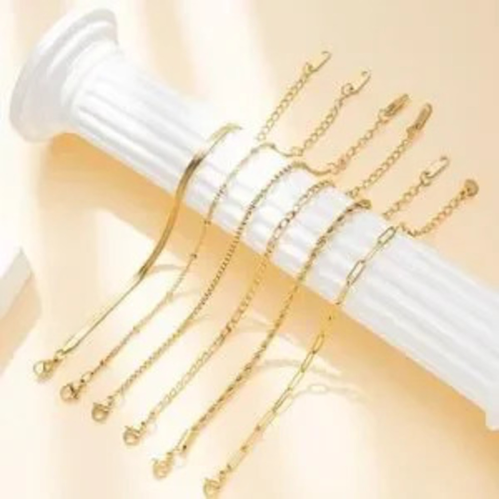 Gold Stainless Steel 6PC Chain Bracelet Stack 8.5 Layered Set Dainty - Picture 3 of 4
